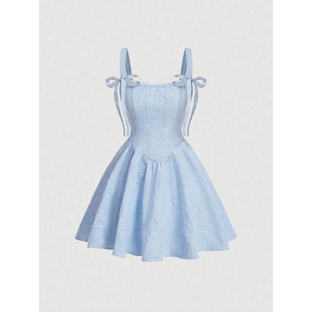 New Women's Light Blue Jacquard Weave Spaghetti Strap Pastel Dress